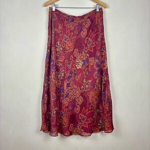 Christopher & Banks Burgundy Orange Paisley Midi Skirt L Lined Boho Fairy Grunge